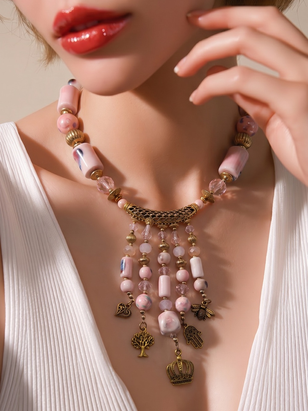Unique Boho Chunky Pink Statement Choker With Fringe Necklace Rare!